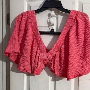 Aerie Coral Textured V-Neck Crop Top